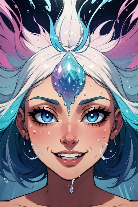 a Girl, laughing, Colorful colors, surrounded by water bubbles, in the style of Kawacy, Masterpiece, Oil painting drawn in anime style, head close - up, exaggerated perspective, Tyndall effect, water drops, mother - of - pearl iridescence, Holographic white,