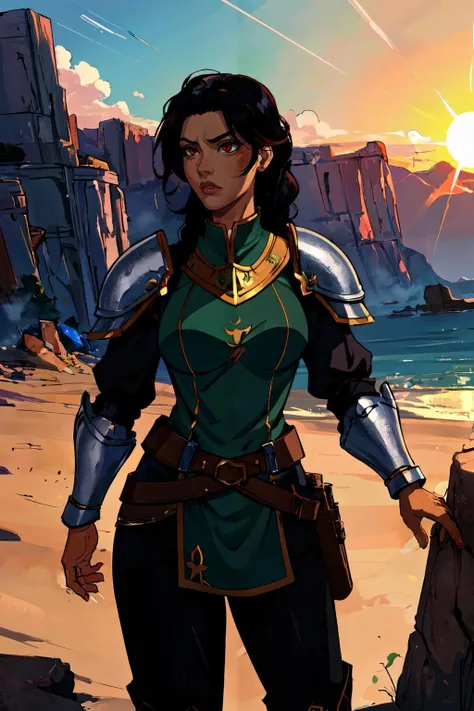 (masterpiece:1.2, best quality:1.2, beautiful, high quality, highres:1.1),beautiful,detailed,cell shading,1girl,black hair,single braid,solo,cowboy shot,fantasy,(wearing full armor),tabard,outside,sun