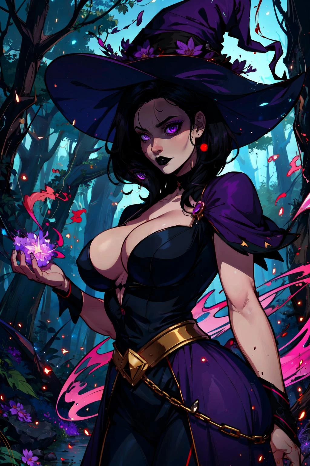 (masterpiece:1.2, best quality:1.2, beautiful, high quality, highres:1.1, aesthetic),detailed,cowboy shot,1girl,solo focus,witch,casting spell in forest,fireflies,night sky,pale skin,cleavage,black hair,violet aura,purple sparks, <lora:r1ge - AnimeRage:0.3> r1ge,