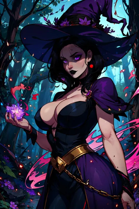 (masterpiece:1.2, best quality:1.2, beautiful, high quality, highres:1.1, aesthetic),detailed,cowboy shot,1girl,solo focus,witch,casting spell in forest,fireflies,night sky,pale skin,cleavage,black hair,violet aura,purple sparks, <lora:r1ge - AnimeRage:0.3> r1ge,