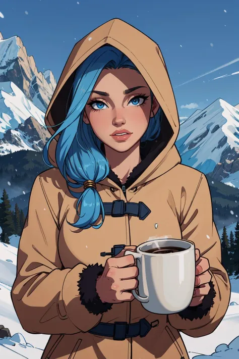 (masterpiece,best quality,absurdres,beautiful,aesthetic,detailed,cell shading),1girl,solo,upper body,coat,fur trim,hood up,snow,mountain,blue hair,happy,mittens, mug of coffee