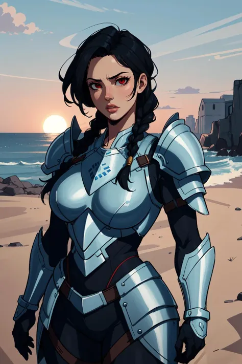 (masterpiece,best quality,absurdres,beautiful,aesthetic,detailed,cell shading),1girl,black hair,single braid,solo,cowboy shot,fantasy,(wearing full armor),tabard,outside,sun,coast