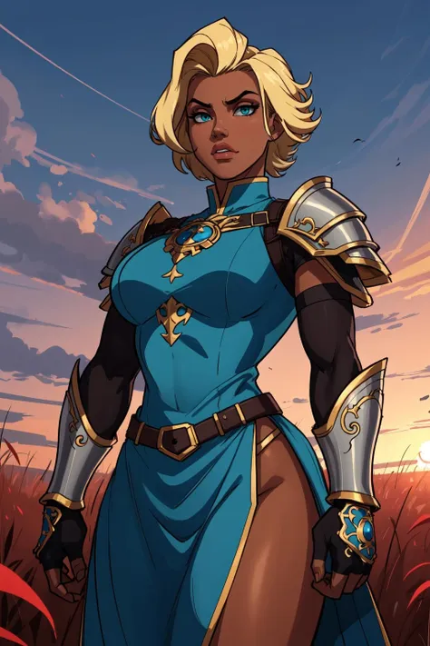 (masterpiece,best quality,absurdres,beautiful,aesthetic,detailed,cell shading),fantasy,1girl,dark skin,very short hair,undercut,blonde hair,solo focus,cowboy shot,wearing ornate armor,tabard,outside,field,sunset,gauntlets