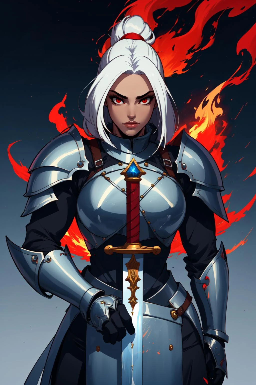 (masterpiece,best quality,absurdres,beautiful,aesthetic,detailed,cell shading),1girl,solo,cowboy shot,medieval,fantasy,knight,white hair,wearing full armor,holding sword, <lora:r1ge - AnimeRage:0.5> r1ge,fire,red aura