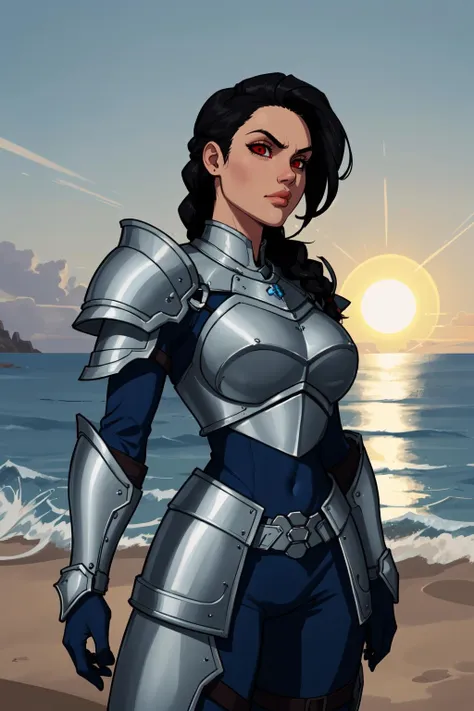 (masterpiece,best quality,absurdres,beautiful,aesthetic,detailed,cell shading),1girl,black hair,single braid,solo,cowboy shot,fantasy,(wearing full armor),tabard,outside,sun,coast