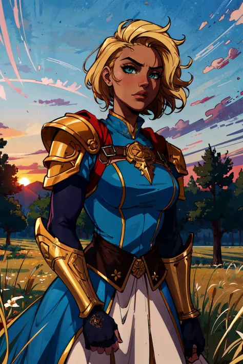 (masterpiece:1.2, best quality:1.2, beautiful, high quality, highres:1.1, aesthetic),detailed,cell shading,1girl,dark skin,very short hair,undercut,blonde hair,solo focus,cowboy shot,wearing ornate armor,tabard,fantasy,outside,field,sunset,gauntlets