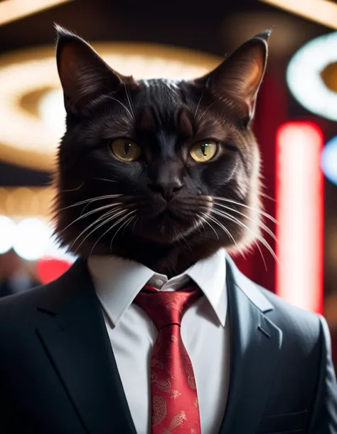 cinematic film still <lora:AnimAl P FFusion v2-ep2.4:1>a close up of a Cat dressed like a hitman in a suit with a red tie at the casino, yakuza, mafia, hitman, gangster, stylish suit, red necktie, shallow depth of field, vignette, highly detailed, high budget, bokeh, cinemascope, moody, epic, gorgeous, film grain, grainy . shallow depth of field, vignette, highly detailed, high budget, bokeh, cinemascope, moody, epic, gorgeous, film grain, grainy