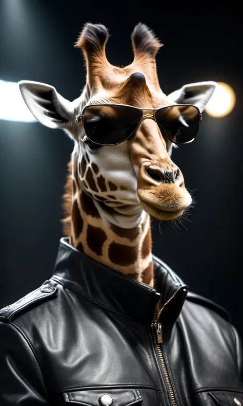 cinematic film still <lora:AnimAl P FFusion:1> giraffe wearing sunglasses and a leather jacket with a black background, k9, looking heckin cool and stylish, gopnik in a black leather jacket, weared in leather armor, fursona wearing stylish clothes, nasus, security agent, discord profile picture, albert wesker, security rhox . shallow depth of field, vignette, highly detailed, high budget, bokeh, cinemascope, moody, epic, gorgeous, film grain, grainy