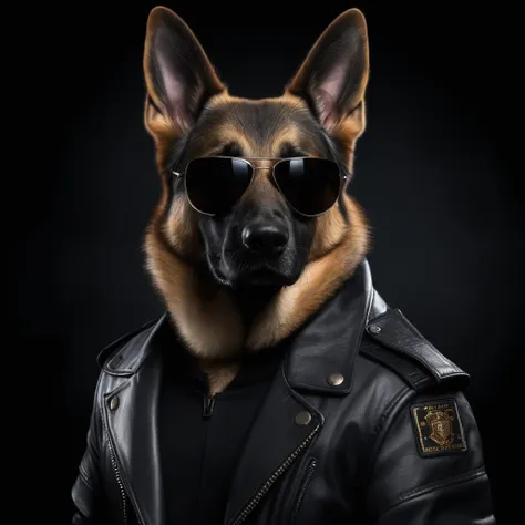 <lora:AnimAl P FFusion:1> dog wearing sunglasses and a leather jacket with a black background, k9, looking heckin cool and stylish, german shepherd, dog man, gopnik in a black leather jacket, weared in leather armor, fursona wearing stylish clothes, nasus, demodog, security agent, discord profile picture, albert wesker, security rhox