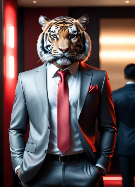 Hyperrealistic art <lora:AnimAl P FFusion v2-ep2.4:1> full body view of a Tiger dressed like a hitman in a suit with a red tie at the luxury modern night club, yakuza, mafia, hitman, gangster, stylish suit, red necktie, shallow depth of field, vignette, highly detailed, high budget, bokeh, cinemascope, moody, epic, gorgeous, film grain, grainy . Extremely high-resolution details, photographic, realism pushed to extreme, fine texture, incredibly lifelike