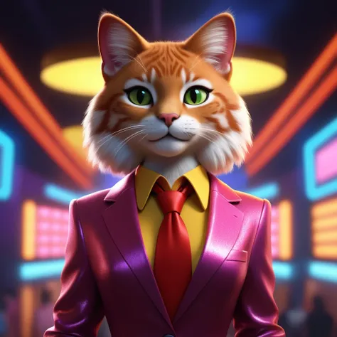 Disco-themed <lora:AnimAl P FFusion:1>there is a cat with a red tie and a red suit, anthro cat, anthropomorphic female cat, female fursona, furry character portrait, an anthro cat, 3d model of a japanese mascot, realistic anime cat, anthropomorphic lynx, for hire 3d artist, realistic anime 3 d style, 3 d character, 3d character . Vibrant, groovy, retro 70s style, shiny disco balls, neon lights, dance floor, highly detailed