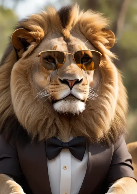 cinematic film still (Ultrarealistic:1.3) <lora:AnimAl P FFusion:1> there is a lion wearing sunglasses and a bow tie, lion icon, safari background, lionardo davinchi, lion, lions, telegram sticker, cute lion, king, character poster, 2 d full body lion, king of the jungle, safari, dating app icon, simba, movie poster with no text, trending on dribbble.com mascot, aslan the lion,(Offset print:1.3) . shallow depth of field, vignette, highly detailed, high budget, bokeh, cinemascope, moody, epic, gorgeous, film grain, grainy