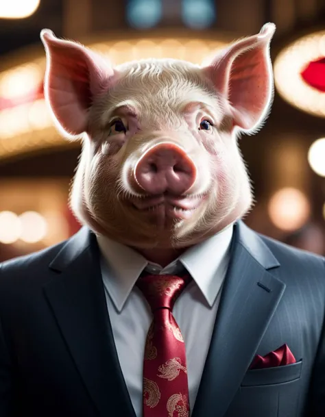 cinematic film still <lora:AnimAl P FFusion v2-ep2.4:1>a close up of a Pig dressed like a hitman in a suit with a red tie at the casino, yakuza, mafia, hitman, gangster, stylish suit, red necktie, shallow depth of field, vignette, highly detailed, high budget, bokeh, cinemascope, moody, epic, gorgeous, film grain, grainy . shallow depth of field, vignette, highly detailed, high budget, bokeh, cinemascope, moody, epic, gorgeous, film grain, grainy