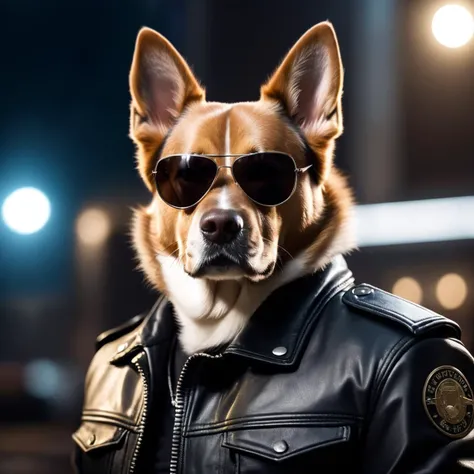 cinematic film still <lora:AnimAl P FFusion v2-ep2:1> dog wearing sunglasses and a leather jacket with a black background, k9, looking heckin cool and stylish, gopnik in a black leather jacket, weared in leather armor, fursona wearing stylish clothes, nasus, security agent, discord profile picture, albert wesker, security rhox . shallow depth of field, vignette, highly detailed, high budget, bokeh, cinemascope, moody, epic, gorgeous, film grain, grainy