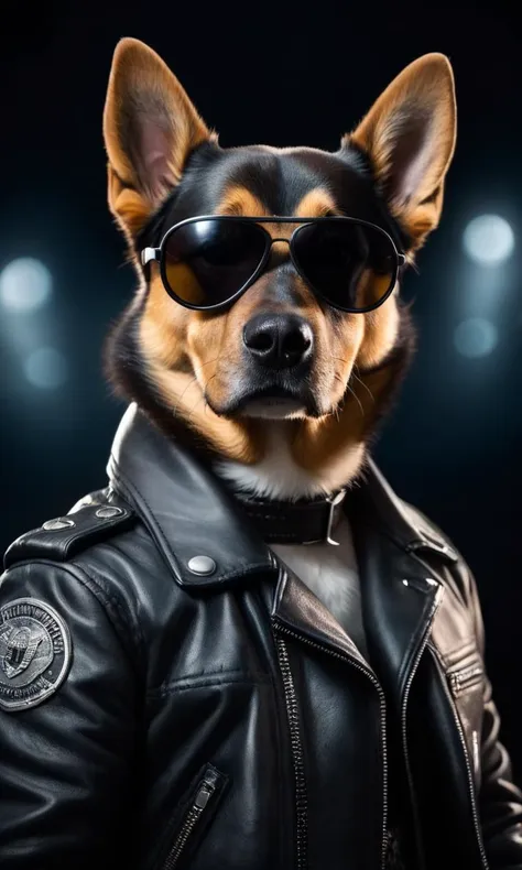 cinematic film still <lora:AnimAl P FFusion (TX Encoder):1> dog wearing sunglasses and a leather jacket with a black background, k9, looking heckin cool and stylish, gopnik in a black leather jacket, weared in leather armor, fursona wearing stylish clothes, nasus, security agent, discord profile picture, albert wesker, security rhox . shallow depth of field, vignette, highly detailed, high budget, bokeh, cinemascope, moody, epic, gorgeous, film grain, grainy