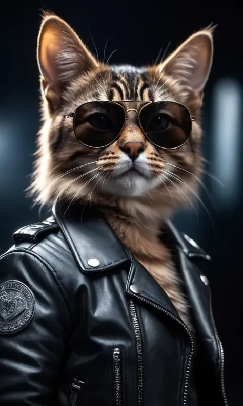 cinematic film still <lora:AnimAl P FFusion (TX Encoder):1> cat wearing sunglasses and a leather jacket with a black background, k9, looking heckin cool and stylish, gopnik in a black leather jacket, weared in leather armor, fursona wearing stylish clothes, nasus, security agent, discord profile picture, albert wesker, security rhox . shallow depth of field, vignette, highly detailed, high budget, bokeh, cinemascope, moody, epic, gorgeous, film grain, grainy