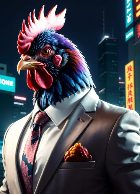 Hyperrealistic art (Masterful Photo:1.3) of (Ultrarealistic:1.3),(Proud:1.3) <lora:AnimAl P FFusion v2-ep2.4:1> there is a rooster in a suit and tie standing in front of a city, hotline miami, from hotline miami, anthropomorphized chicken, the chicken man, illustration of a rooster, illustration of an angry rooster, behance art, man dressed as a chicken, rooster, cgsociety 9, behance. polished, the king of rooster, corporate boss family room,Highly Detailed,(Modernism Art:2),(Cold Colors:1.3),close portrait,(manga:1.3),beautiful,attractive,handsome,trending on ArtStation,DeviantArt contest winner,CGSociety,ultrafine,detailed,studio lighting . Extremely high-resolution details, photographic, realism pushed to extreme, fine texture, incredibly lifelike