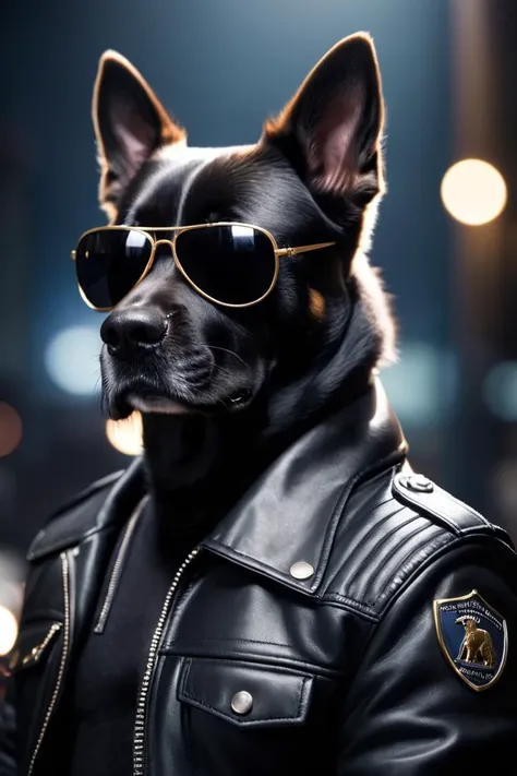 cinematic film still <lora:AnimAl P FFusion v2-ep2:1> dog wearing sunglasses and a leather jacket with a black background, k9, looking heckin cool and stylish, gopnik in a black leather jacket, weared in leather armor, fursona wearing stylish clothes, nasus, security agent, discord profile picture, albert wesker, security rhox . shallow depth of field, vignette, highly detailed, high budget, bokeh, cinemascope, moody, epic, gorgeous, film grain, grainy