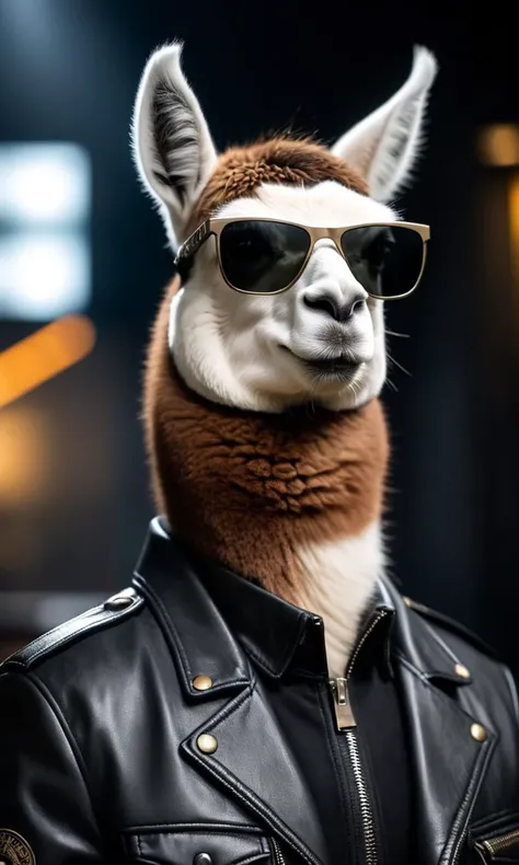 cinematic film still <lora:AnimAl P FFusion:1> llama wearing sunglasses and a leather jacket with a black background, k9, looking heckin cool and stylish, gopnik in a black leather jacket, weared in leather armor, fursona wearing stylish clothes, nasus, security agent, discord profile picture, albert wesker, security rhox . shallow depth of field, vignette, highly detailed, high budget, bokeh, cinemascope, moody, epic, gorgeous, film grain, grainy