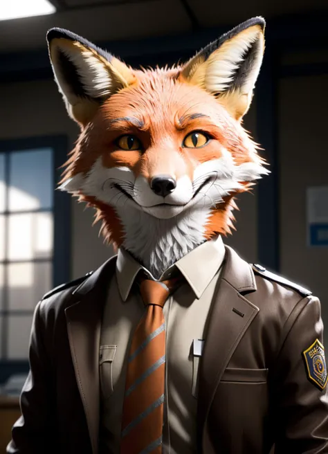 concept art (Clumsy Photo:1.3) of (Ultrarealistic:1.3),(Guilty:1.3) <lora:AnimAl P FFusion v2-ep2.4:1> police station, there is a painting of a fox wearing a suit and tie, portrait of an anthro fox, anthropomorphic fox, an anthropomorphic fox, legoshi from beastars, stern looking fox in a lab coat, âportrait of a cartoon animal, fantasy art smug smile man, digital fox, fox animal, nick wilde, fox, art of silverfox attic,Highly Detailed,(Toyism Art:2),(Fujifilm Superia:1.3),close portrait,(manga:1.3),beautiful,attractive,handsome,trending on ArtStation,DeviantArt contest winner,CGSociety,ultrafine,detailed,studio lighting . digital artwork, illustrative, painterly, matte painting, highly detailed