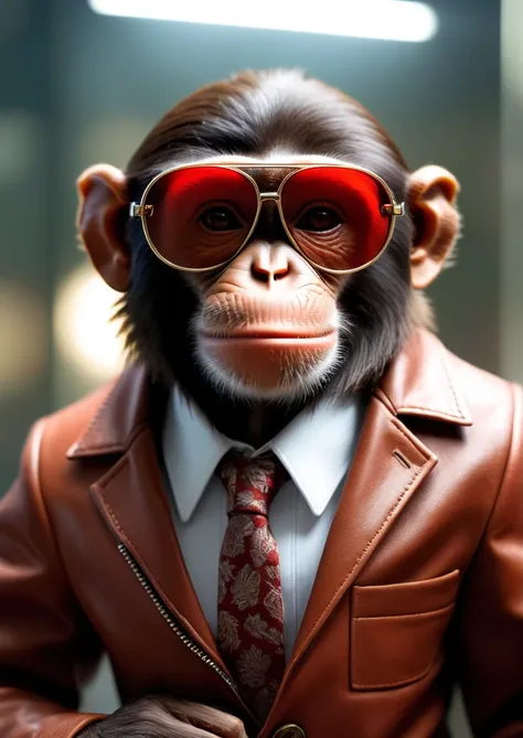 cinematic film still (Ultrarealistic:1.3) <lora:AnimAl P FFusion:1> a close up of a monkey wearing sunglasses and a jacket, monkey dressed as a scientist, fursona wearing stylish clothes, subject= chimp, monkey, cheburashka, clever monkey with a long knife, cool red jacket, baboon wearing a suit and tie, fox as a monkey, macaque inside alien base, in style of monkeybone, wearing an aviator jacket,(Colorless:1.3) . shallow depth of field, vignette, highly detailed, high budget, bokeh, cinemascope, moody, epic, gorgeous, film grain, grainy