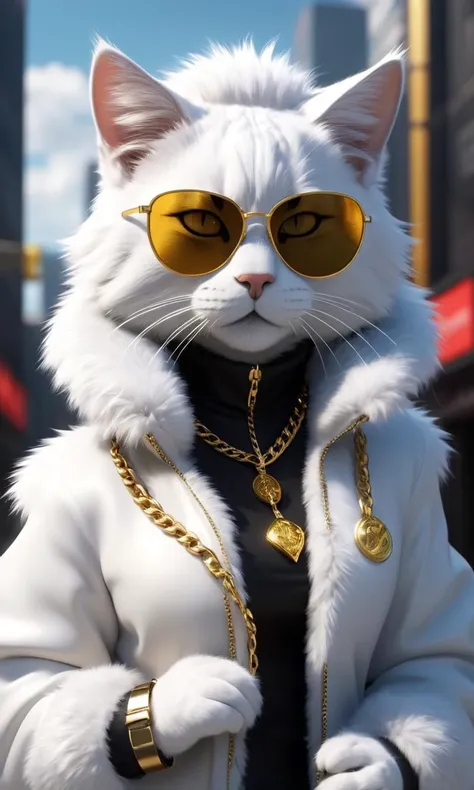 comic <lora:AnimAl P FFusion v2-ep2:1> araffe wearing a white fur coat and sunglasses with a gold chain, cgsociety 9, cyberpunk cat, 3 d artist, 3d game art, 3 d game art, 3 d character art, tabaxi :: rogue, unreal engine 5 quality render, hyperrealistic 3d digital art, hyperrealistic 3 d digital art, tabaxi, for hire 3d artist . graphic illustration, comic art, graphic novel art, vibrant, highly detailed