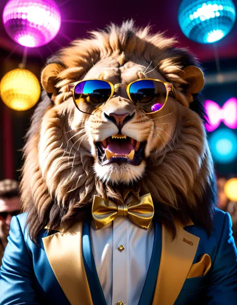 Disco-themed <lora:AnimAl P FFusion v2-ep2.4:1> there is a lion wearing sunglasses and a bow tie, lion icon, safari background, lionardo davinchi, lion, lions, telegram sticker, cute lion, king, character poster, 2 d full body lion, king of the jungle, safari, dating app icon, simba, movie poster with no text, trending on dribbble.com mascot, aslan the lion, (Offset print:1.3) . shallow depth of field, vignette, highly detailed, high budget, bokeh, cinemascope, moody, epic, gorgeous, film grain, grainy . Vibrant, groovy, retro 70s style, shiny disco balls, neon lights, dance floor, highly detailed