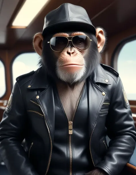 analog film photo <lora:AnimAl P FFusion (TX Encoder):0.33> <lora:AnimAl P FFusion-000002:1>monkey wearing a leather jacket and hat with sunglasses, fursona wearing stylish clothes, humanoid monkey fantasy race, marmoset render, leather clothing, in style of primal apes, marmoset toolbag, monkey dressed as a scientist, subject= chimp, anthro, wearing a leather flight jacket, gopnik in a black leather jacket Cruise ship Galaxy Glider Liner . faded film, desaturated, 35mm photo, grainy, vignette, vintage, Kodachrome, Lomography, stained, highly detailed, found footage