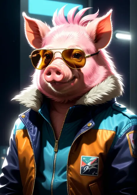 Techwear fashion <lora:AnimAl P FFusion v2-ep2.4:1>there is a Pig with a jacket and sunglasses on, hotline miami, from hotline miami, anthropomorphized chicken, fursona wearing stylish clothes, disco elysium character, highly detailed digital painting, the king, furry character portrait, realistic art style, digital art animal photo, very detailed digital painting, humblewood art style, anthropomorphic bird bedroom, (Dichromatic:1.3) . Futuristic, cyberpunk, urban, tactical, sleek, dark, highly detailed . Futuristic, cyberpunk, urban, tactical, sleek, dark, highly detailed