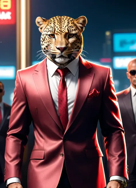 GTA-style artwork <lora:AnimAl P FFusion v2-ep2.4:1> full body view of a Leopard dressed like a hitman in a suit with a red tie at the luxury modern night club, yakuza, mafia, hitman, gangster, shallow depth of field, vignette, highly detailed, graphic illustration, comic art, graphic novel art, vibrant, highly detailed, bokeh, cinemascope, moody, epic, gorgeous, film grain, grainy . Satirical, exaggerated, pop art style, vibrant colors, iconic characters, action-packed