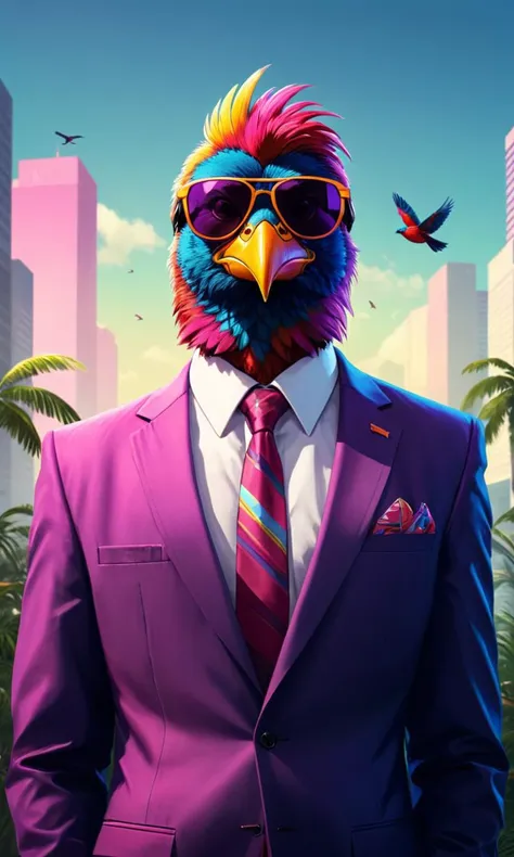 concept art <lora:AnimAl P FFusion v2-ep2.4:1> brightly colored image of a man in a suit and sunglasses with a bird head, birds f cgsociety, modern maximalist suit, behance. polished, anthropomorphic bird, dreamy colorful cyberpunk colors, cory behance hd, neon inc, 8 0 s synthwave, cryptopunk, synthwave neon retrofuturism, retrowave ((synthwave)), hotline miami . digital artwork, illustrative, painterly, matte painting, highly detailed