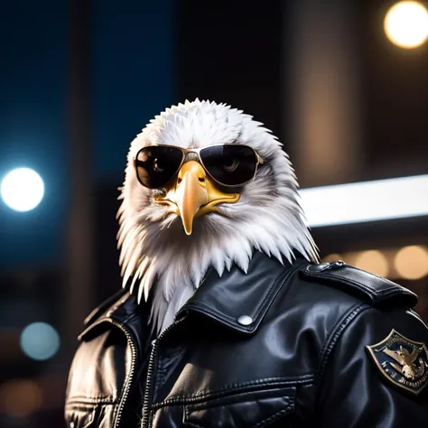 cinematic film still <lora:AnimAl P FFusion v2-ep2:1> eagle wearing sunglasses and a leather jacket with a black background, k9, looking heckin cool and stylish, gopnik in a black leather jacket, weared in leather armor, fursona wearing stylish clothes, nasus, security agent, discord profile picture, albert wesker, security rhox . shallow depth of field, vignette, highly detailed, high budget, bokeh, cinemascope, moody, epic, gorgeous, film grain, grainy