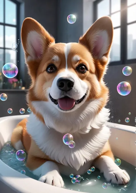 anime artwork (Ultrarealistic:1.3) dog in a bathtub with bubbles in the air, cute corgi, corgi, bubble bath, bath like style, award - winning pet photography, [ bubbles, cute dog, kawaii cute dog, anthropomorphic dog cleaning, bubbly, bubbles everywhere, lots of bubbles, fine bubbles, bath, clean bright happy, corgi with [ angelic wings ]!! a close up of a person wearing a costume, portrait of female humanoid, humanoid portrait, cinematic bust portrait, symmetrical portrait scifi, cgsociety portrait, digital art render, 8k portrait render, realistic face moody lighting, portrait of a sci - fi woman, cinematic bust shot, cinematic close-up bust shot, daily render, 3d render digital art <lora:AnimAl P FFusion v2-ep2:1>,(Mono Color:1.3) . anime style, key visual, vibrant, studio anime,  highly detailed