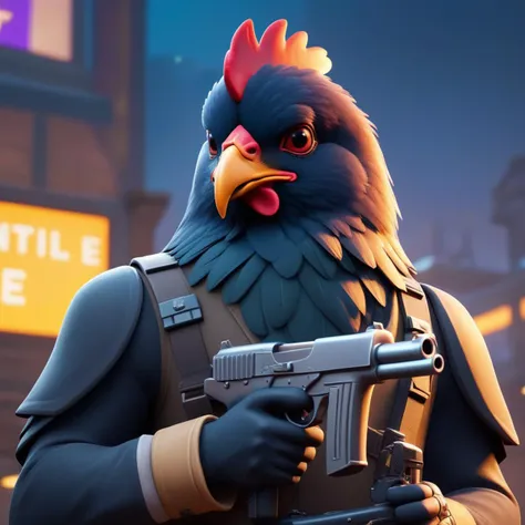 cinematic film still <lora:AnimAl P FFusion (TX Encoder):1> a close up of a bird with a gun in its hand, realistic fortnite, 3 d character art, 3 d character concept artwork, screenshot from fortnite, the chicken man, arnold render, chicken, fortnite skin, 3 d render character art 8 k, 3 d character concept, donald trump fortnite skin, anthropomorphized chicken, stylized game art  . shallow depth of field, vignette, highly detailed, high budget, bokeh, cinemascope, moody, epic, gorgeous, film grain, grainy