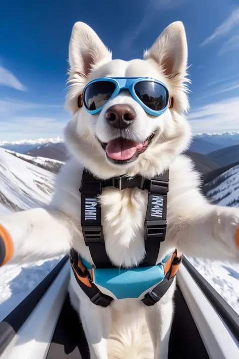 Kirigami representation of (Simple illustration:1.3) <lora:AnimAl P FFusion (TX Encoder):0.89> white dog wearing goggles and a harness on a mountain, award - winning pet photography, selfie of a dog, award - winning 4 k photography, in flight suit, extreme sports photography, gopro, dog in a space suite, gopro footage, aerial photography, low - angle go - pro view, award - winning 4 k photograph, skydiving, go pro Twisted Time Escalator Park,(Pastel Colors:1.3) . 3D, paper folding, paper cutting, Japanese, intricate, symmetrical, precision, clean lines