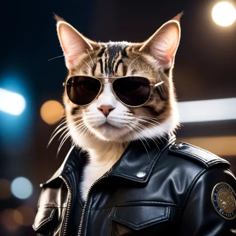 cinematic film still <lora:AnimAl P FFusion v2-ep2:1> cat wearing sunglasses and a leather jacket with a black background, k9, looking heckin cool and stylish, gopnik in a black leather jacket, weared in leather armor, fursona wearing stylish clothes, nasus, security agent, discord profile picture, albert wesker, security rhox . shallow depth of field, vignette, highly detailed, high budget, bokeh, cinemascope, moody, epic, gorgeous, film grain, grainy