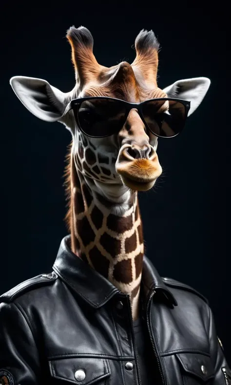 cinematic film still <lora:AnimAl P FFusion (TX Encoder):1> giraffe wearing sunglasses and a leather jacket with a black background, k9, looking heckin cool and stylish, gopnik in a black leather jacket, weared in leather armor, fursona wearing stylish clothes, nasus, security agent, discord profile picture, albert wesker, security rhox . shallow depth of field, vignette, highly detailed, high budget, bokeh, cinemascope, moody, epic, gorgeous, film grain, grainy