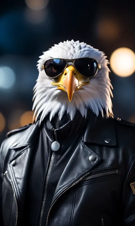 cinematic film still <lora:AnimAl P FFusion v2-ep2:1> eagle wearing sunglasses and a leather jacket with a black background, k9, looking heckin cool and stylish, gopnik in a black leather jacket, weared in leather armor, fursona wearing stylish clothes, nasus, security agent, discord profile picture, albert wesker, security rhox . shallow depth of field, vignette, highly detailed, high budget, bokeh, cinemascope, moody, epic, gorgeous, film grain, grainy