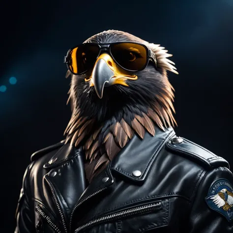 cinematic film still <lora:AnimAl P FFusion (TX Encoder):1> eagle wearing sunglasses and a leather jacket with a black background, k9, looking heckin cool and stylish, gopnik in a black leather jacket, weared in leather armor, fursona wearing stylish clothes, nasus, security agent, discord profile picture, albert wesker, security rhox . shallow depth of field, vignette, highly detailed, high budget, bokeh, cinemascope, moody, epic, gorgeous, film grain, grainy