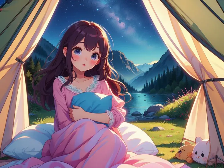 (masterpiece, best quality, detailed:1.5), multiple girls, yuri, <lora:girllikecampingtent:0.8> camping tent, open door curtain, pillow hug, frills chiffon pajamas, night, imminent kiss