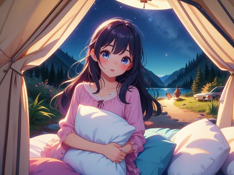 (masterpiece, best quality, detailed:1.5), multiple girls, yuri, <lora:girllikecampingtent:0.8> camping tent, open door curtain, pillow hug, frills chiffon pajamas, night, imminent kiss