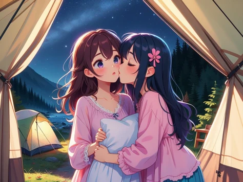 (masterpiece, best quality, detailed:1.5), multiple girls, yuri, <lora:girllikecampingtent:0.8> camping tent, open door curtain, pillow hug, frills chiffon pajamas, night, imminent kiss