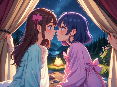 (masterpiece, best quality, detailed:1.5), multiple girls, yuri, <lora:girllikecampingtent:0.8> camping tent, open door curtain, pillow hug, frills chiffon pajamas, night, imminent kiss