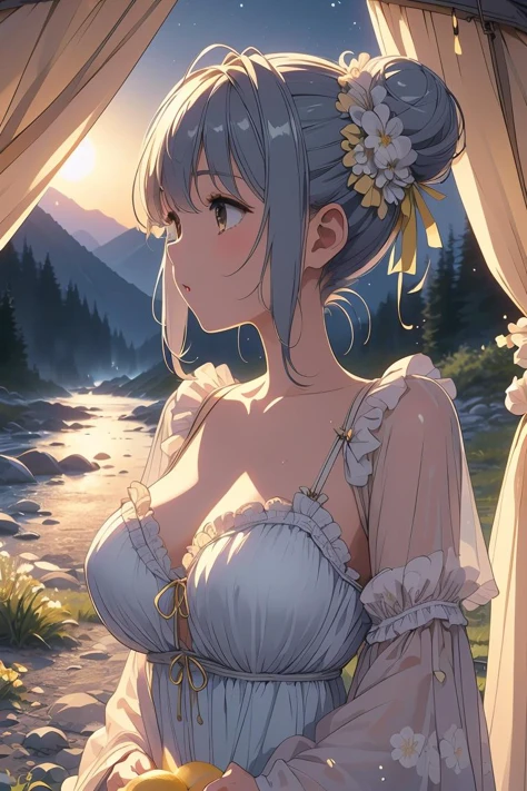 (masterpiece, best quality), 1girl, Lemon Messy Side Bun with Floral Hairpin, Size D breasts, <lora:girllikecampingtent:1> camping tent, open door curtain, pillow hug, frills chiffon pajamas, night