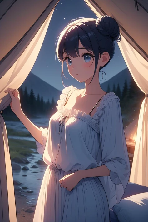 (masterpiece, best quality), 1girl, Cadet blue Sleek Low Bun, Size B breasts, <lora:girllikecampingtent:1> camping tent, open door curtain, pillow hug, frills chiffon pajamas, night