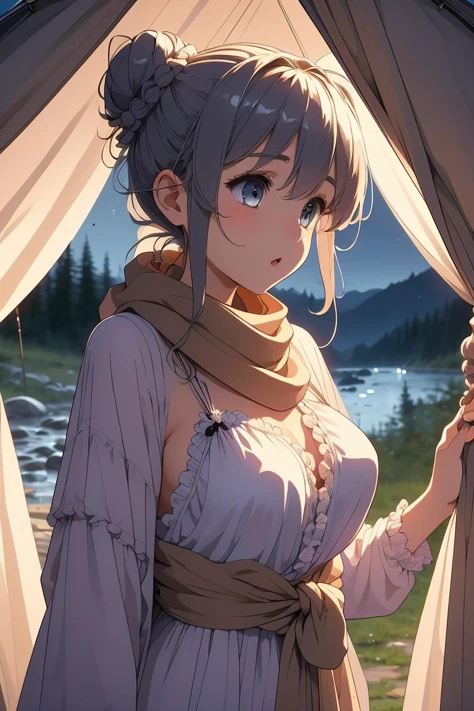 (masterpiece, best quality), 1girl,  Tan Braided Top Knot with Scarf Wrap, Size A breasts,   <lora:girllikecampingtent:1> camping tent, open door curtain, pillow hug, frills chiffon pajamas, night