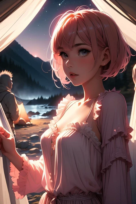 (masterpiece, best quality), 1girl, Salmon High Fade with Spiky Hair, Size F breasts, <lora:girllikecampingtent:1> camping tent, open door curtain, pillow hug, frills chiffon pajamas, night