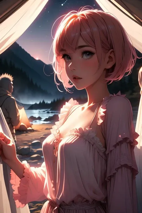 (masterpiece, best quality), 1girl, Salmon High Fade with Spiky Hair, Size F breasts, <lora:girllikecampingtent:1> camping tent, open door curtain, pillow hug, frills chiffon pajamas, night