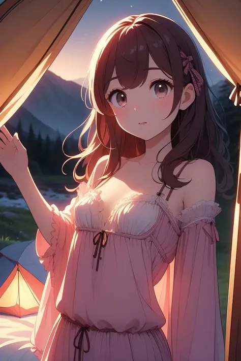 (masterpiece, best quality), 1girl, Mahogany Side Swept Faux Bangs, tiny breasts, <lora:girllikecampingtent:1> camping tent, open door curtain, pillow hug, frills chiffon pajamas, night