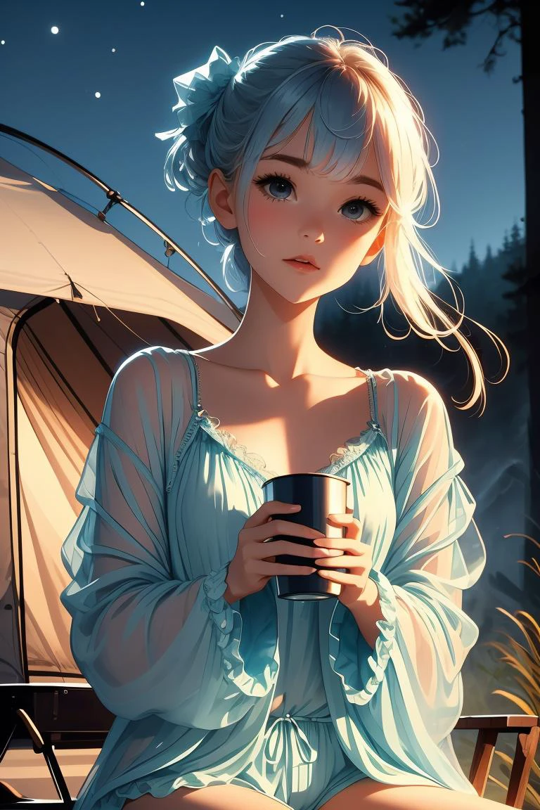 (masterpiece, best quality), 1girl,Azure Side Swept Bangs, tiny breasts, <lora:girllikebonfire:1> bonfire, holding a cup, chair, frills chiffon pajamas, chiffon jacket, tent, night, camper van